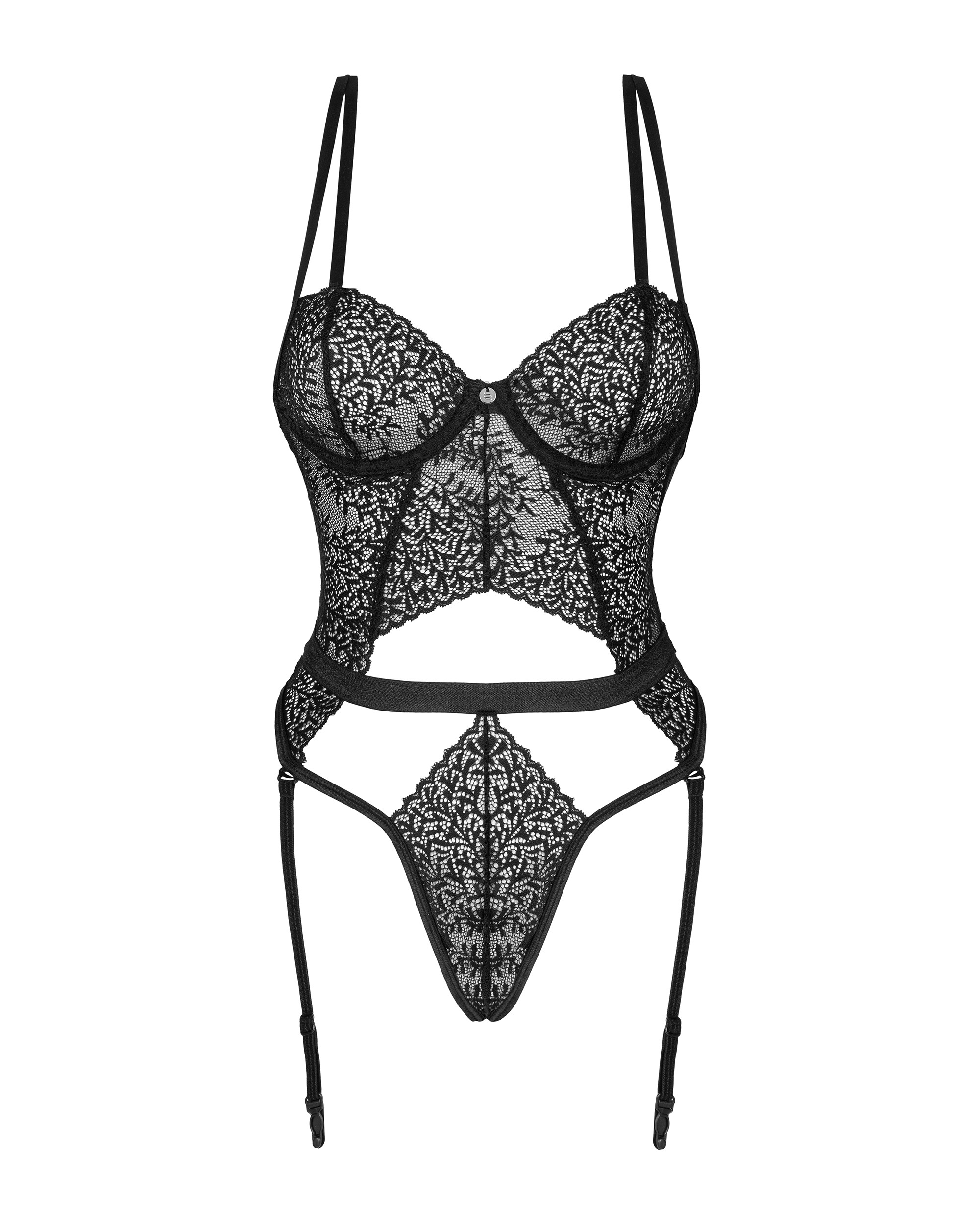 Боди кружевное со съемными подвязками для чулок Obsessive Yaskana черный, XS/S