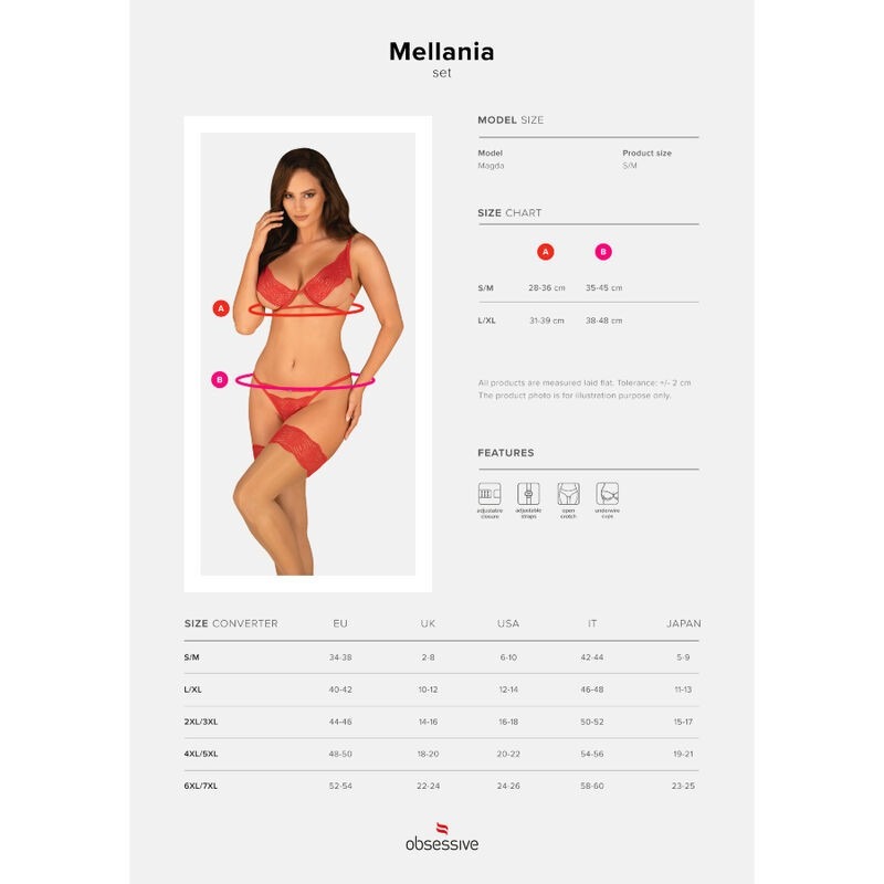 Комплект белья кружевной с декоративными лямками Obsessive Mellania красный, L/XL