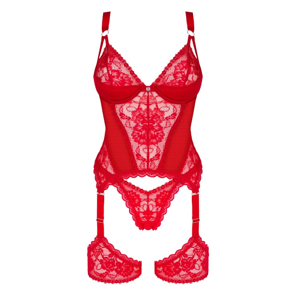 Корсет кружевной Obsessive Belovya, с гартерами и трусиками, красный, M/L