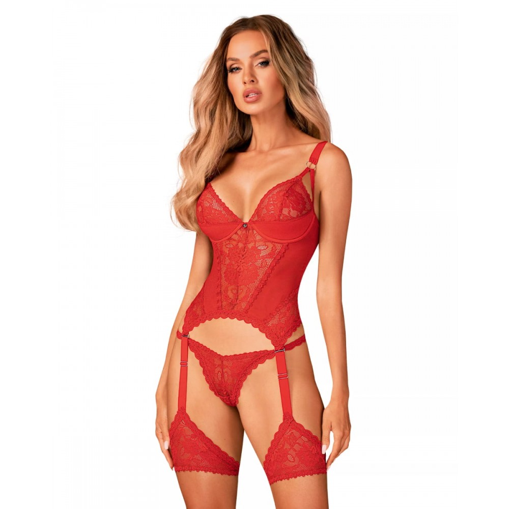 Корсет кружевной Obsessive Belovya, с гартерами и трусиками, красный, M/L