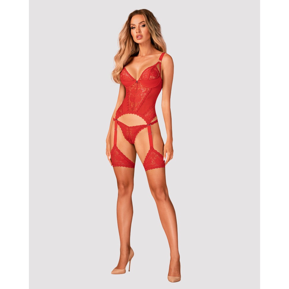 Корсет кружевной Obsessive Belovya, с гартерами и трусиками, красный, M/L