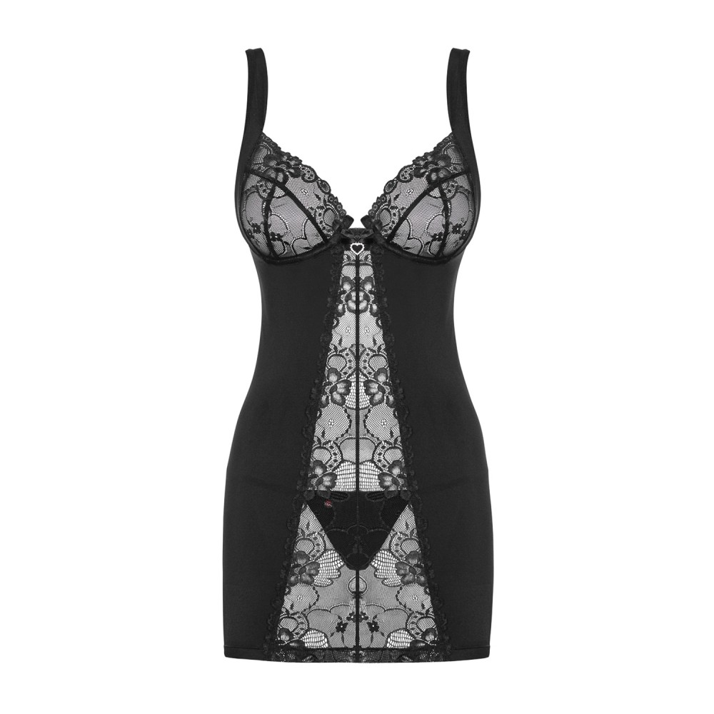Пеньюар с цветочным кружевом Obsessive Heartina, черный, L/XL