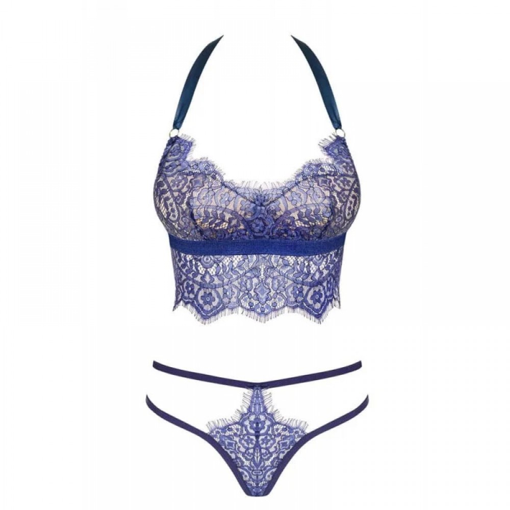 Комплект білизни Obsessive FLOWLACE з квітковим мереживом, синій, L/XL