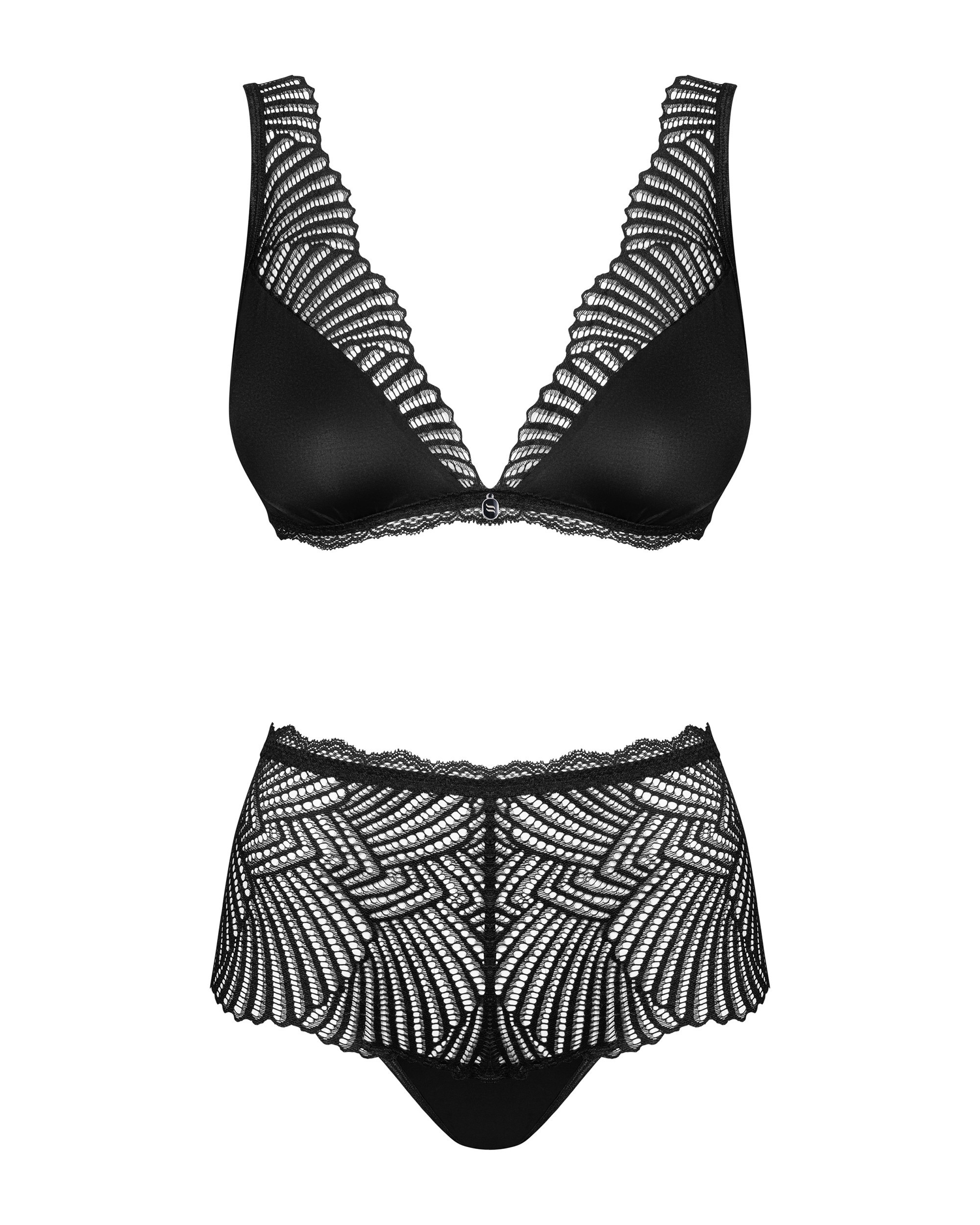 Комплект мереживний Obsessive Klarita ліф і трусики з високою посадкою, чорний, L/XL