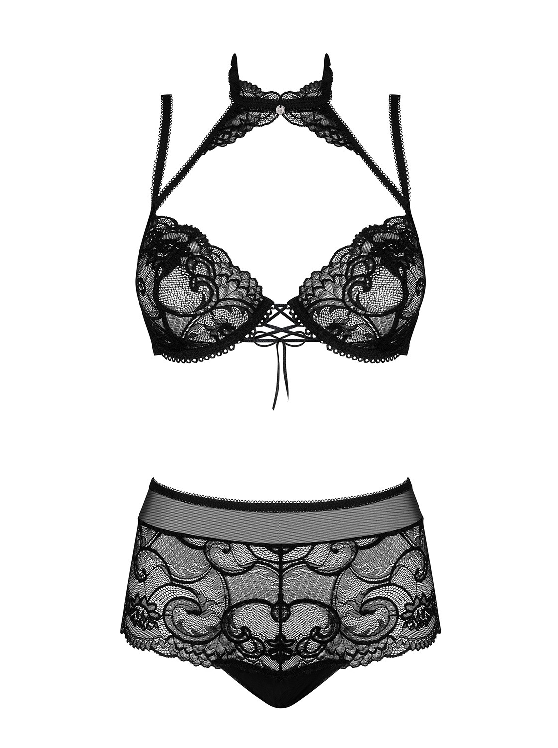Комплект кружевной Obsessive Elizenes с чокером, черный, L/XL