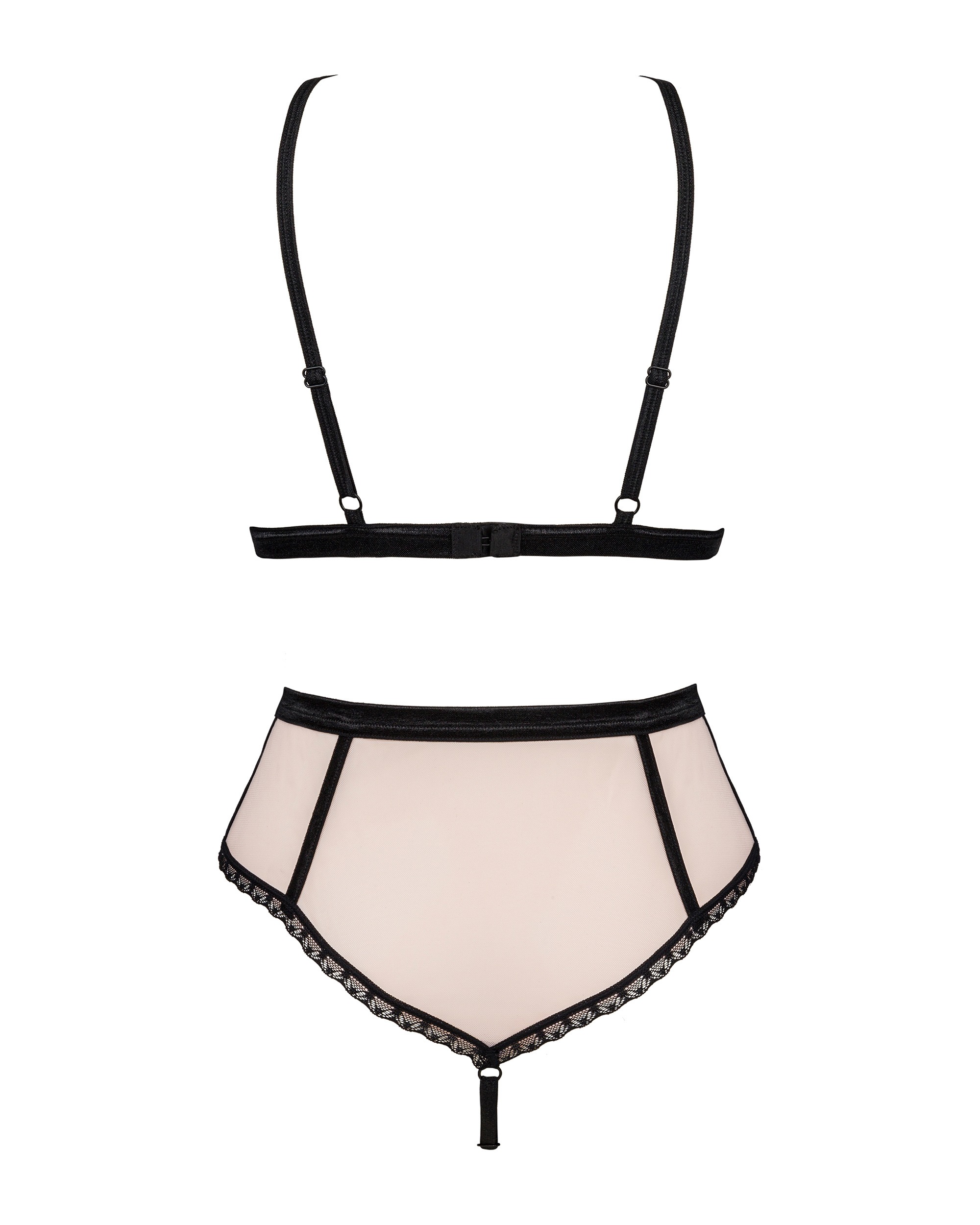 Комплект нежно-розовый Obsessive Lilines с черной отделкой, L/XL