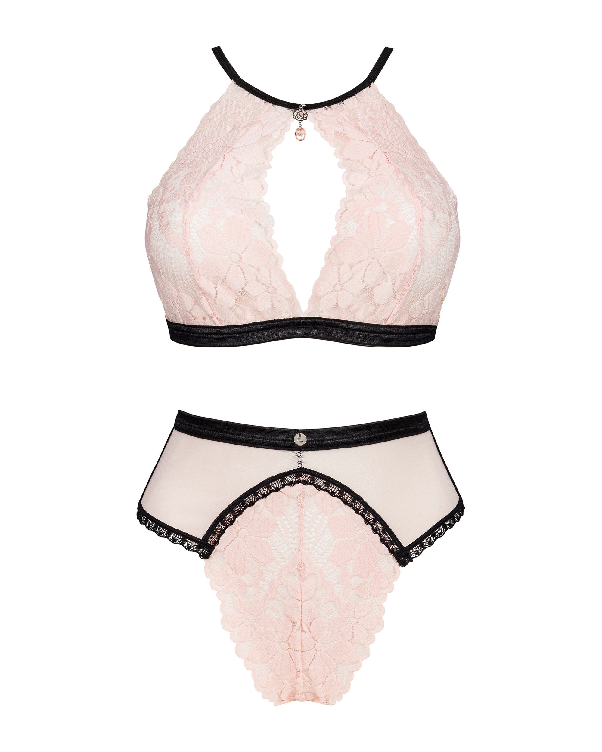 Комплект нежно-розовый Obsessive Lilines с черной отделкой, L/XL