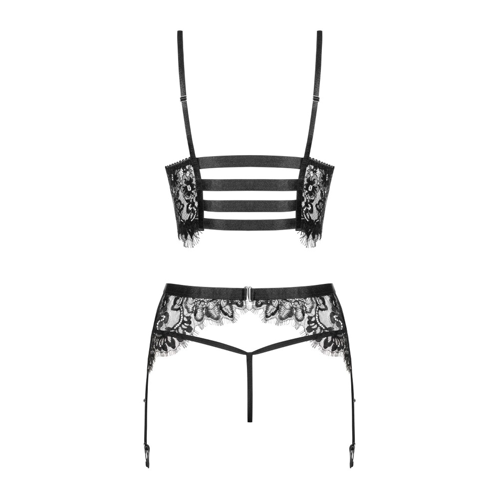 Комплект кружевной Obsessive Lashy из трех частей, черный, L/XL