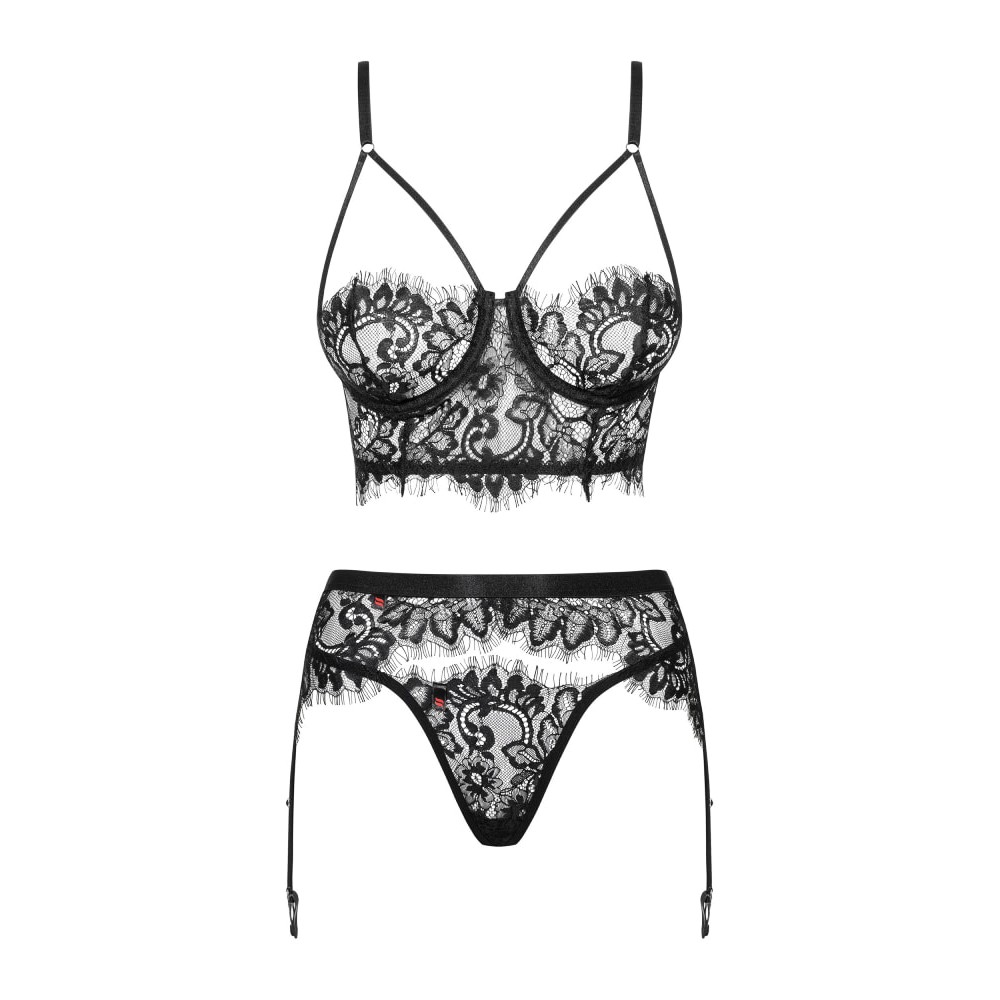 Комплект кружевной Obsessive Lashy из трех частей, черный, L/XL