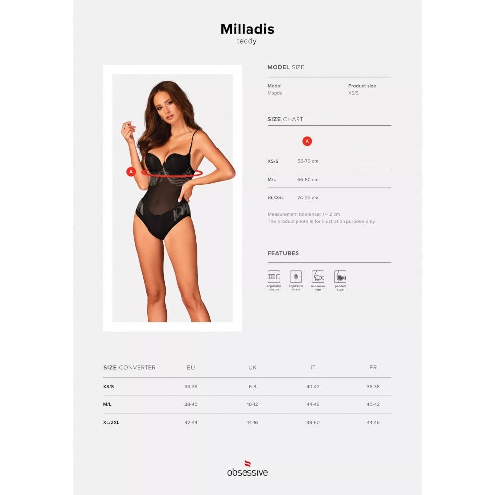 Боді Obsessive MILLADIS із срібними підвісками, чорний, XS/S