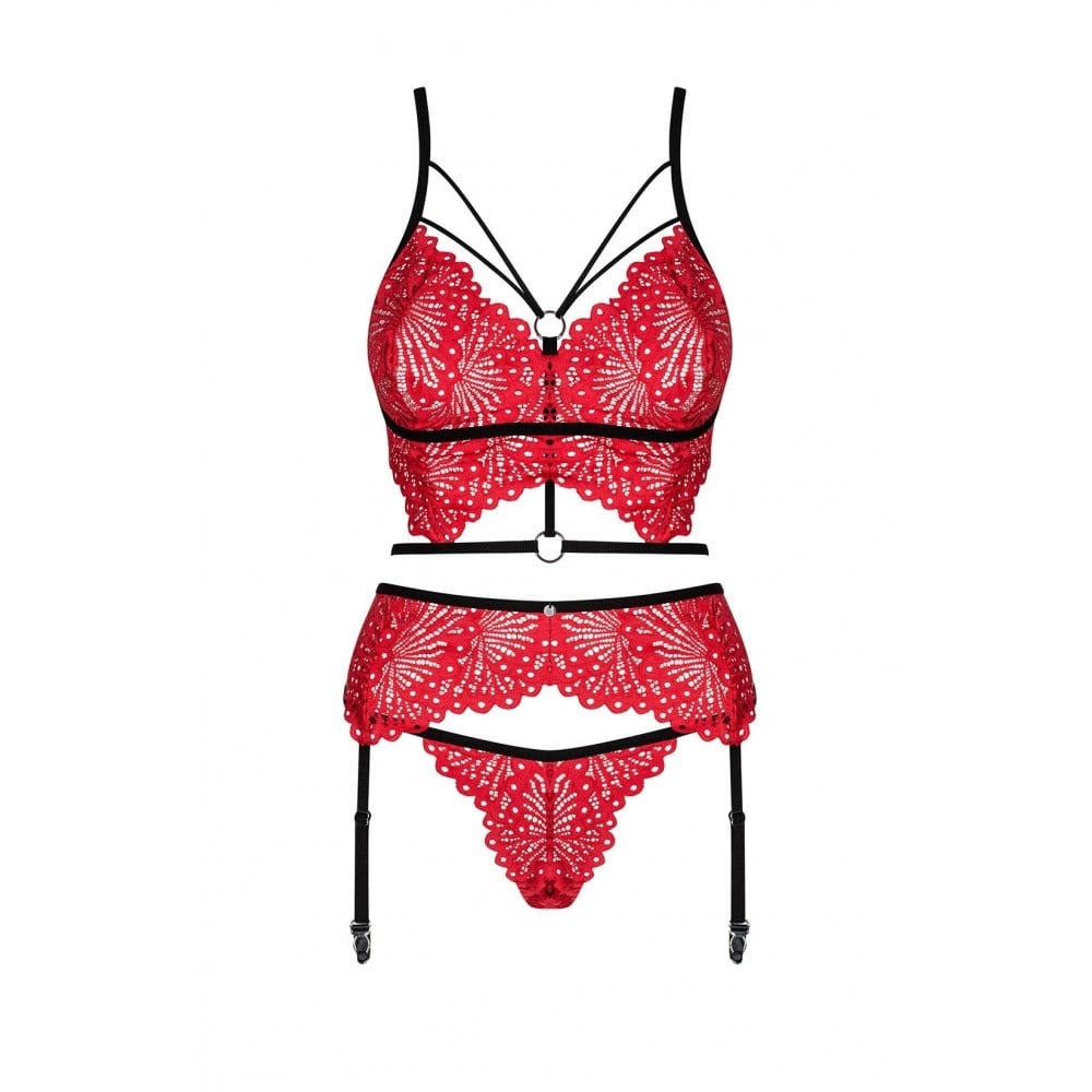 Мереживний комплект білизни 3 предмети Obsessive Mettia L/XL червоний