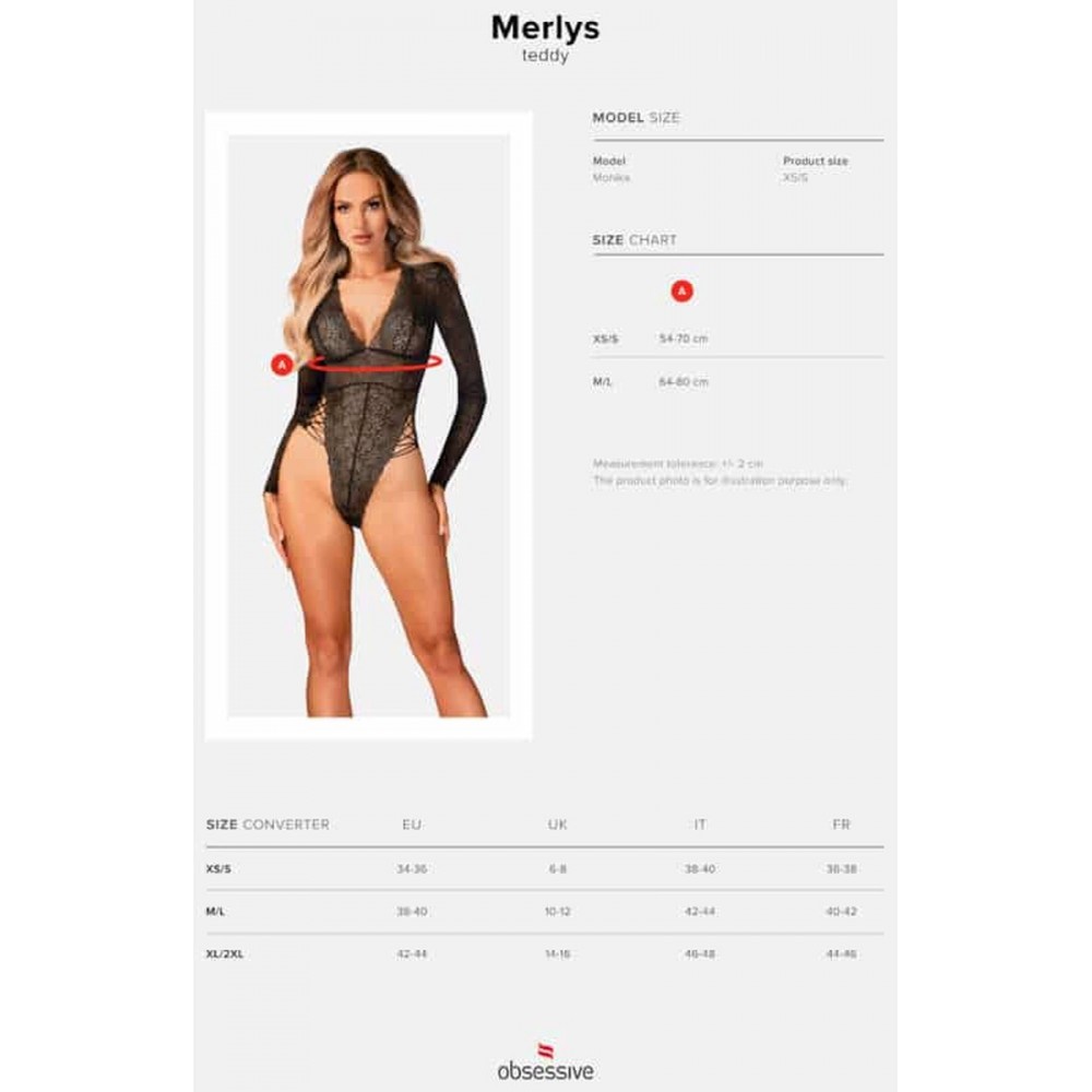 Сексуальное ажурное боди с рукавами Obsessive Merlys teddy M/L