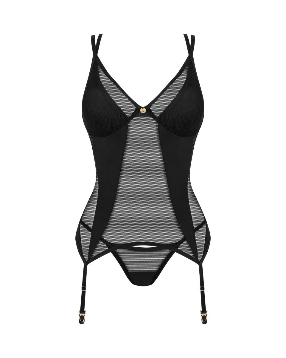 Корсет Obsessive Nesari, со стрингами, черный, XS/S