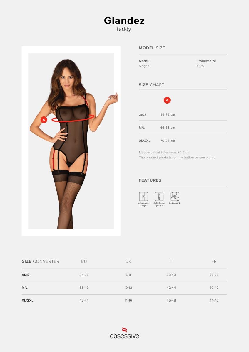 Боді напівпрозоре з пажами для панчох Obsessive Glandez чорне, XS/S
