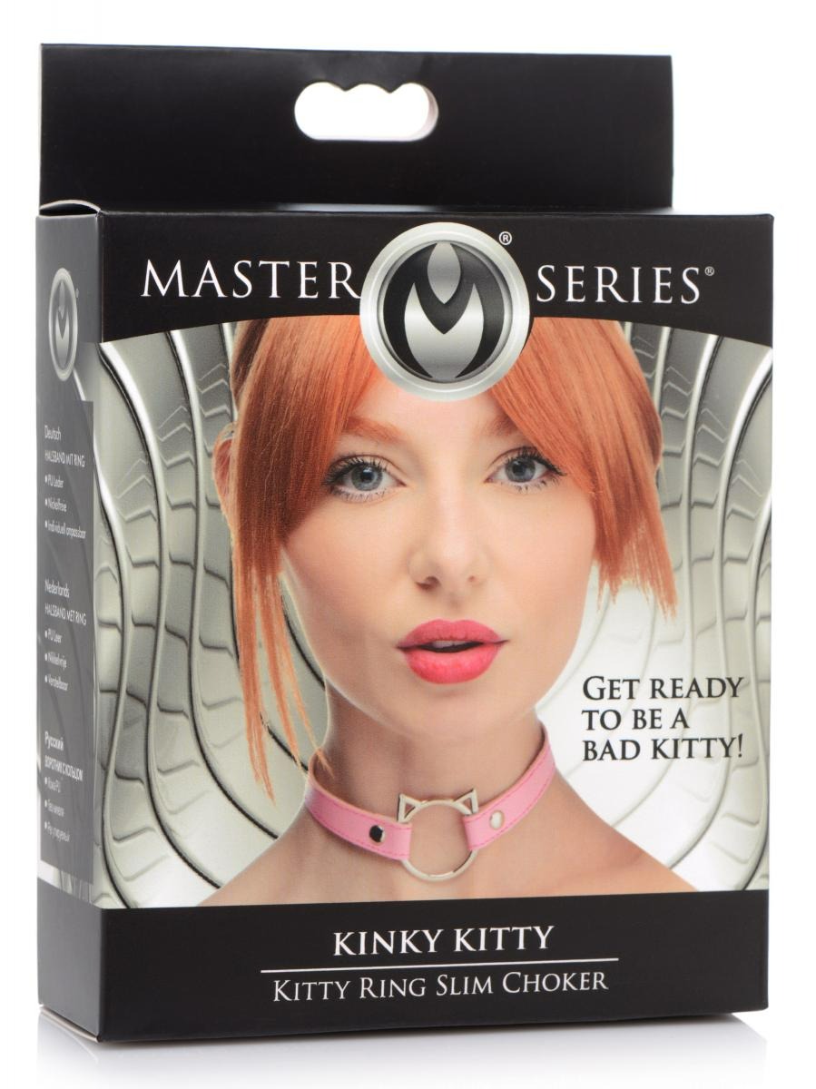 Ошейник-чокер с кольцом в виде котика Kinky Kitty Master Series, экокожа, розовый