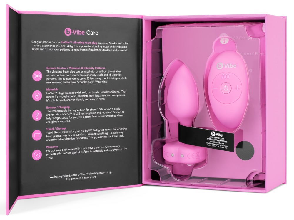 Анальна пробка з вібрацією та пультом керування B-Vibe Vibrating Heart Plug S/M Pink