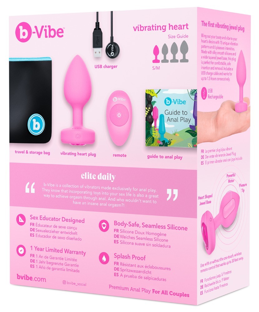 Анальна пробка з вібрацією та пультом керування B-Vibe Vibrating Heart Plug S/M Pink
