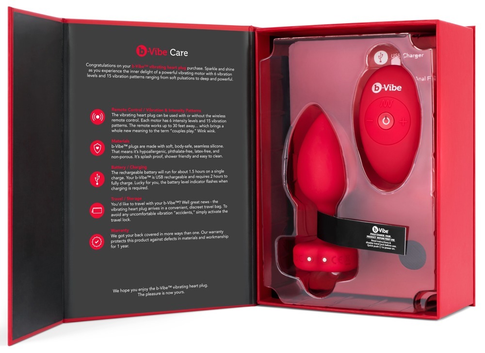 Анальна пробка з вібрацією та пультом керування B-Vibe Vibrating Heart Plug червона, M/L