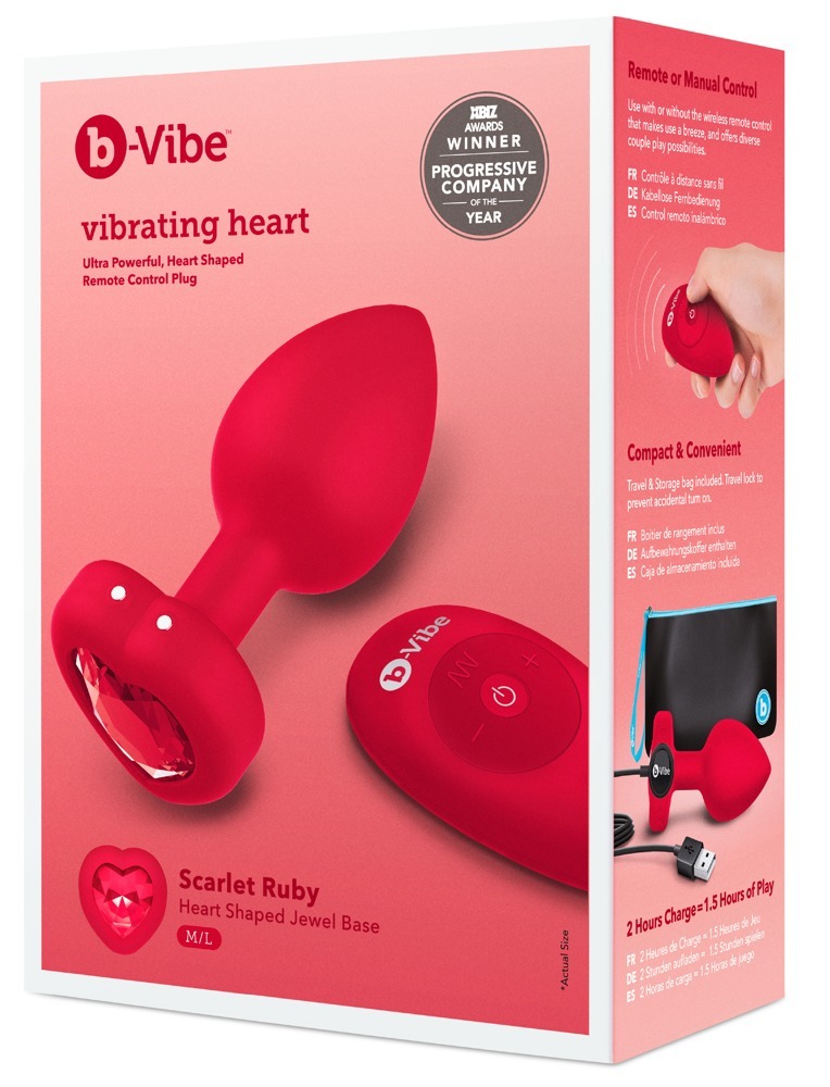Анальна пробка з вібрацією та пультом керування B-Vibe Vibrating Heart Plug червона, M/L