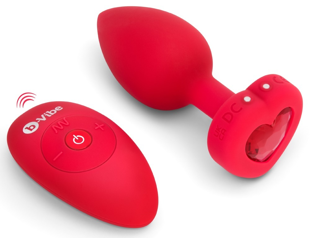 Анальна пробка з вібрацією та пультом керування B-Vibe Vibrating Heart Plug червона, M/L