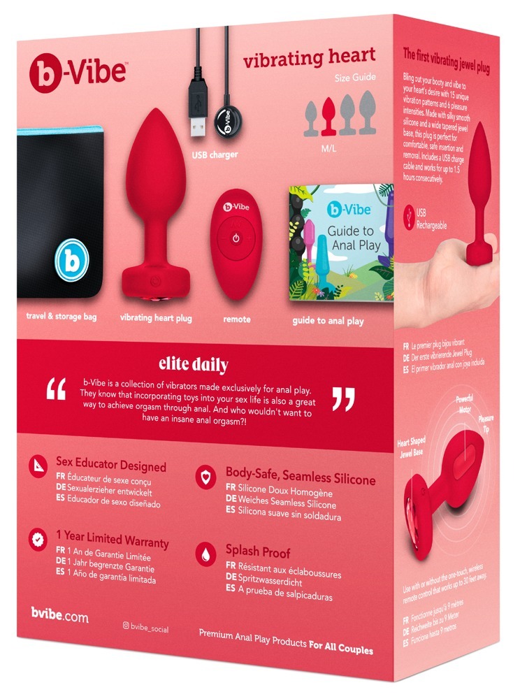 Анальна пробка з вібрацією та пультом керування B-Vibe Vibrating Heart Plug червона, M/L
