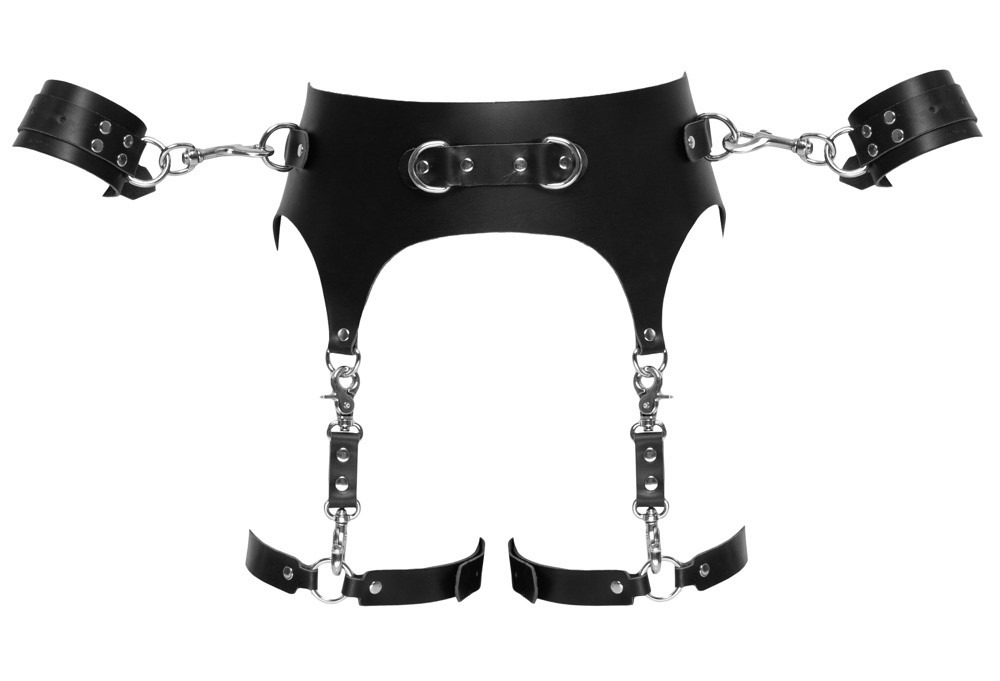 Пояс кожаный с гартерами ZADO FETISH и фиксаторами-наручниками, черный, S/M
