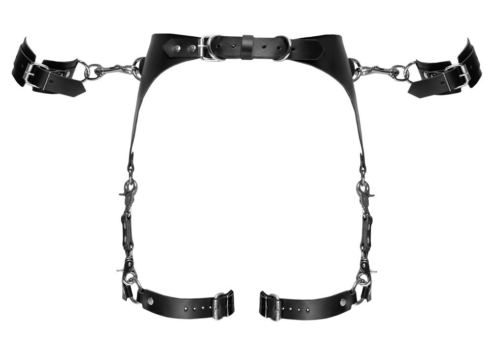 Пояс кожаный с гартерами ZADO FETISH и фиксаторами-наручниками, черный, S/M
