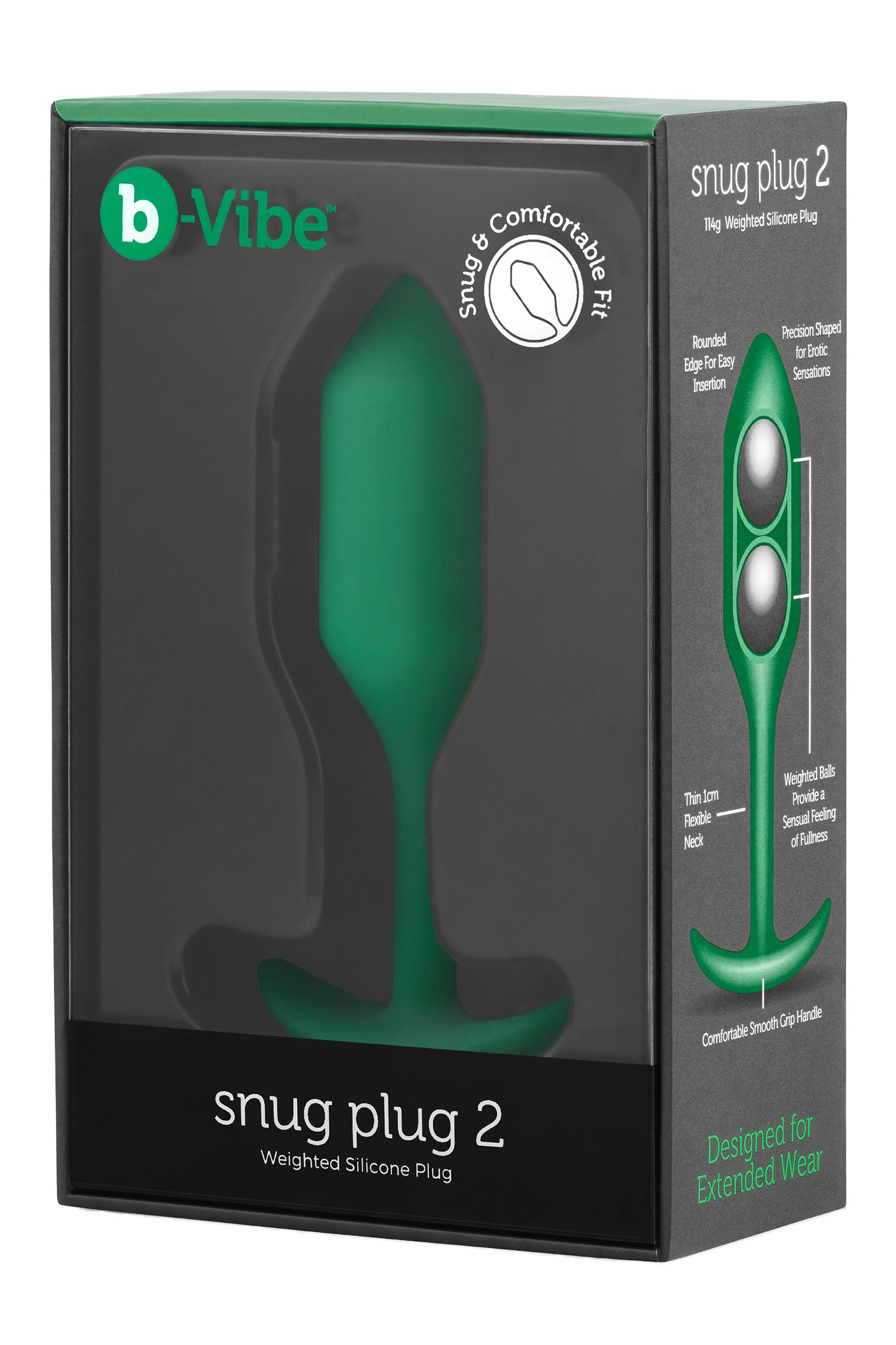 Анальна пробка із зміщеним центром ваги B-Vibe Snug Plug 2, силіконова, зелена
