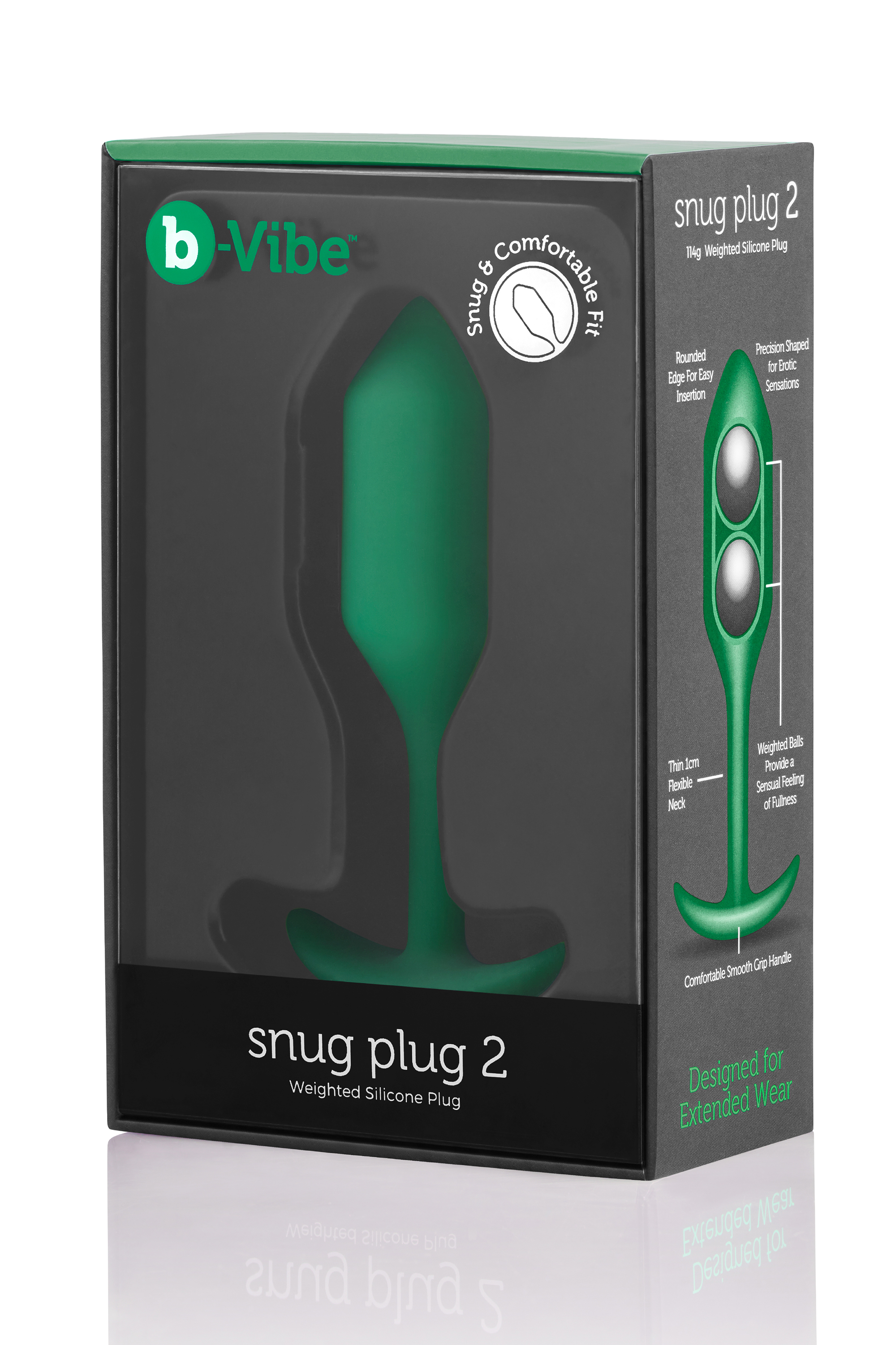 Анальна пробка із зміщеним центром ваги B-Vibe Snug Plug 2, силіконова, зелена