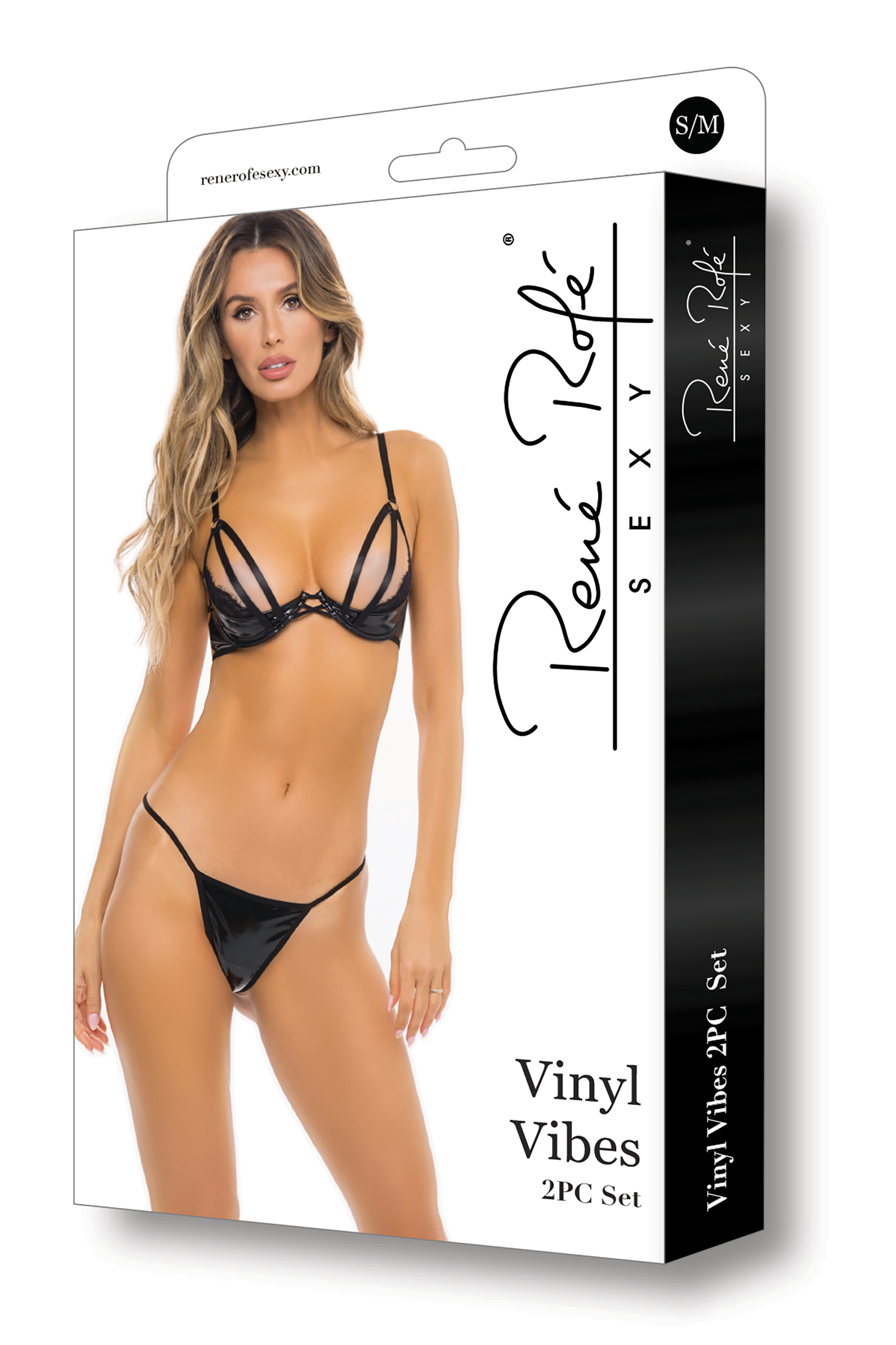 Комплект белья Rene Rofe Vinyl Vibes, винил с кружевом, черный, S/M