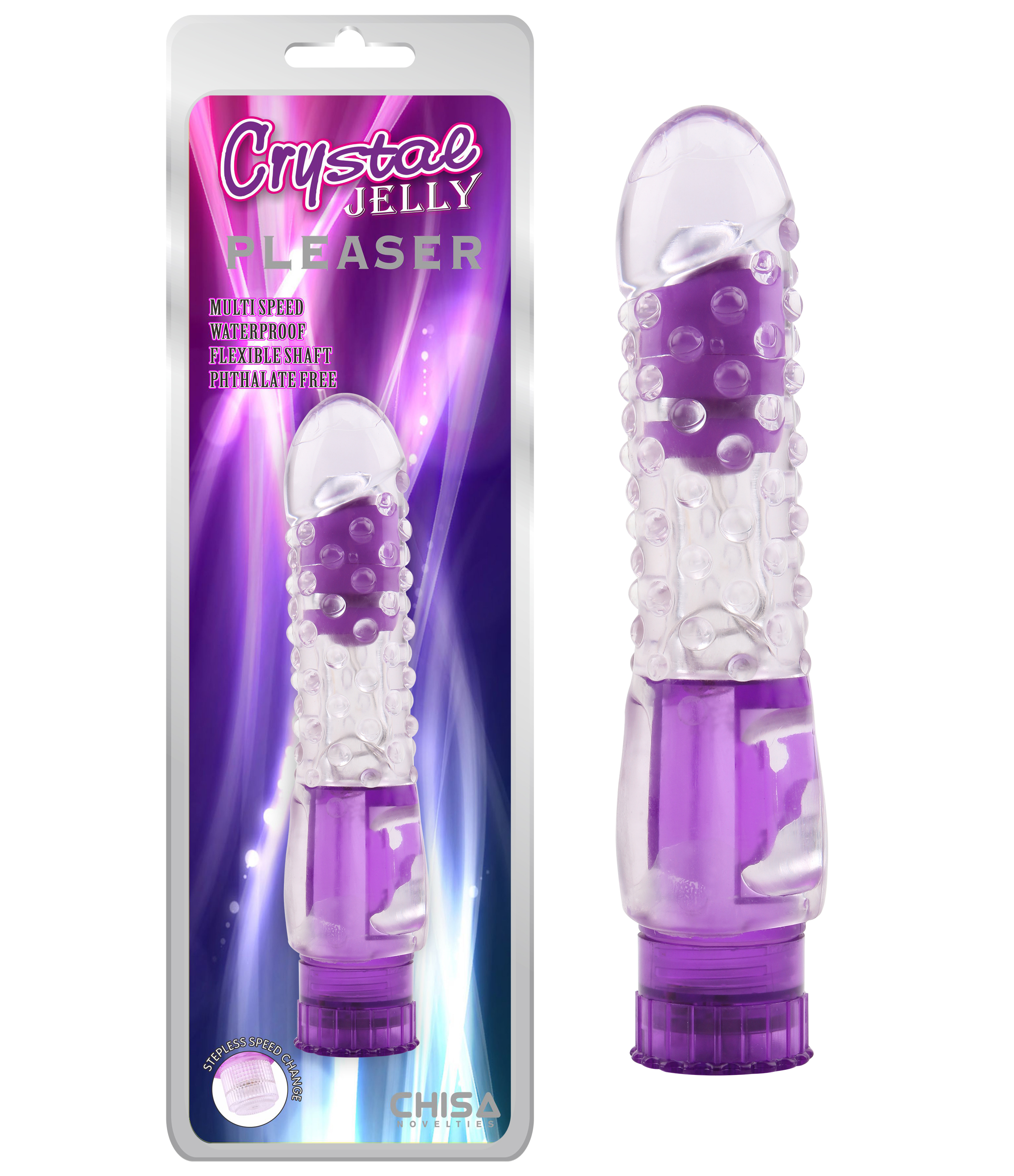 Вібратор прозорий з рельєфом Chisa Crystal Jellie Pleaser на батарейках, фіолетовий