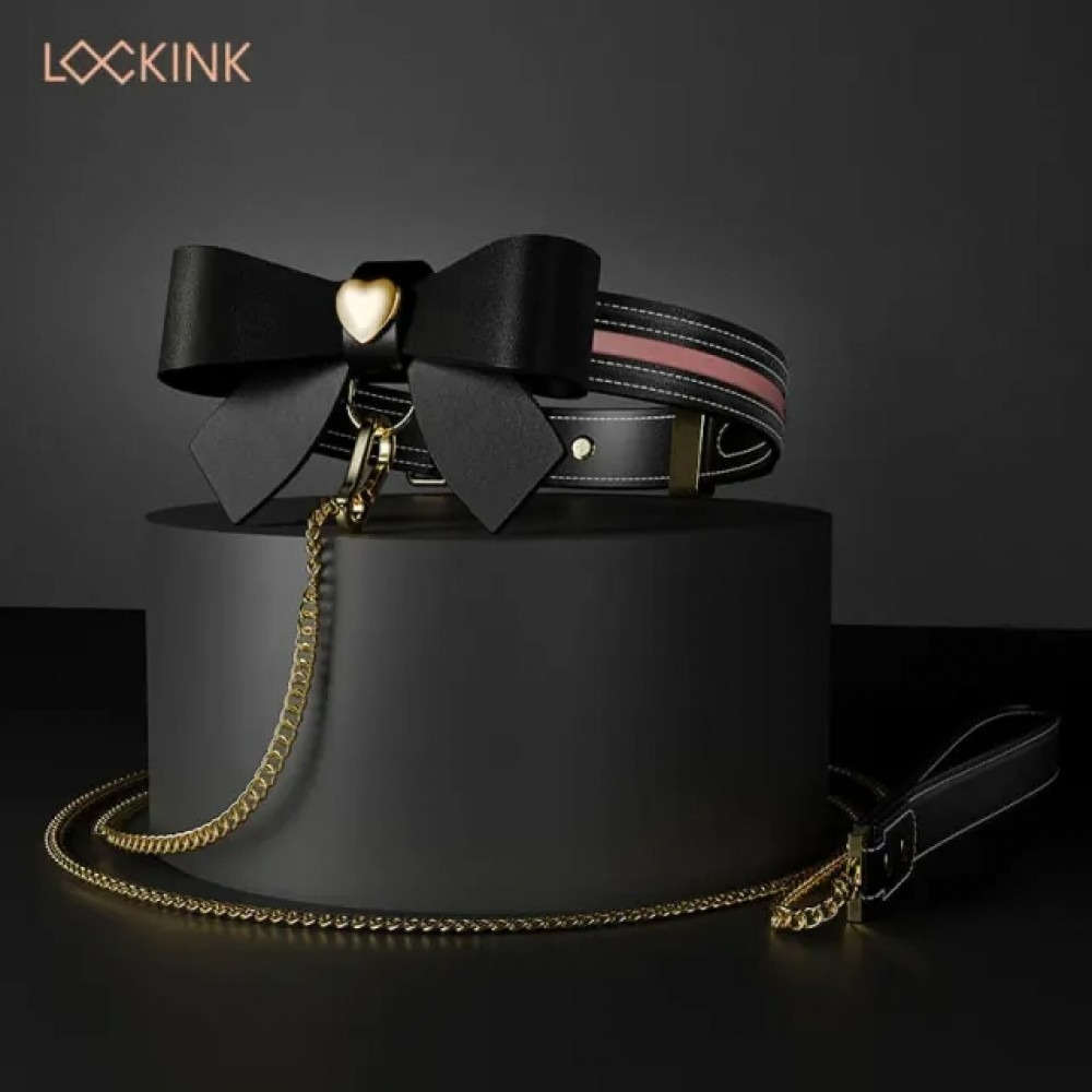 Нашийник з бантиком та повідцем Sevanda Lockink, шкіра та метал, чорний