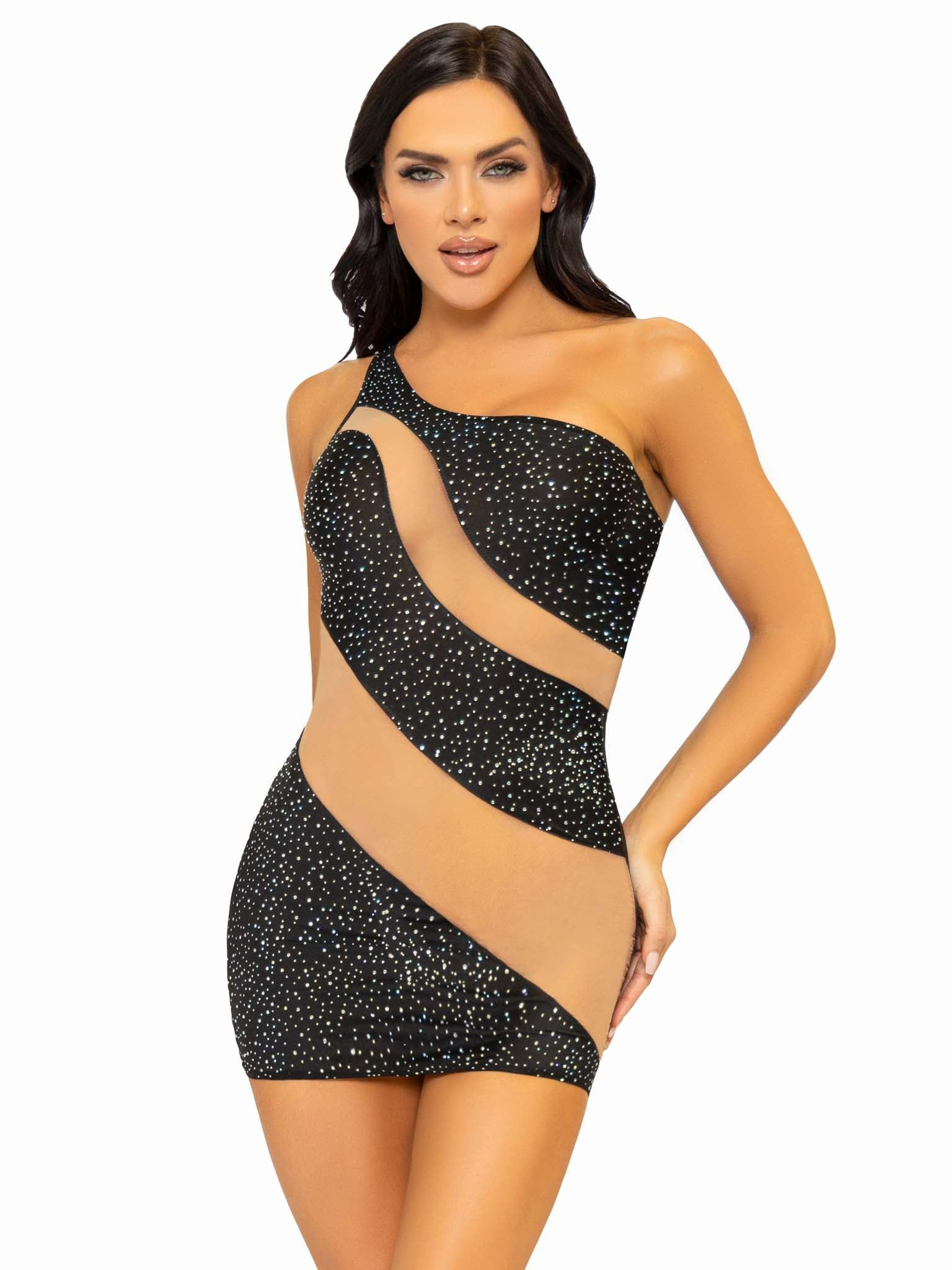 Міні-сукня з сітчастими вставками та стразами Leg Avenue Glam Vibe Rhinestone, чорна, S