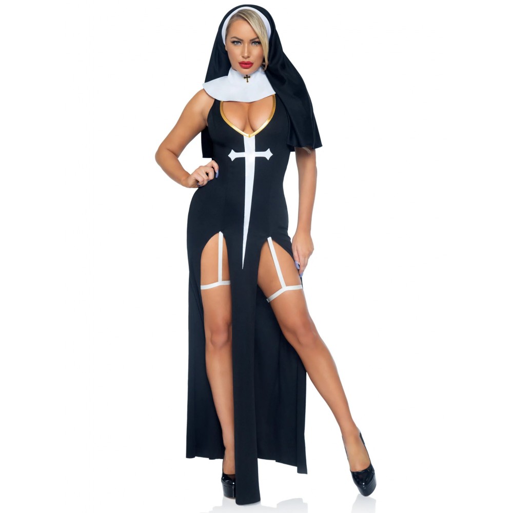 Костюм монашки Leg Avenue, М, Sultry Sinner 3 предмета, черный с белым