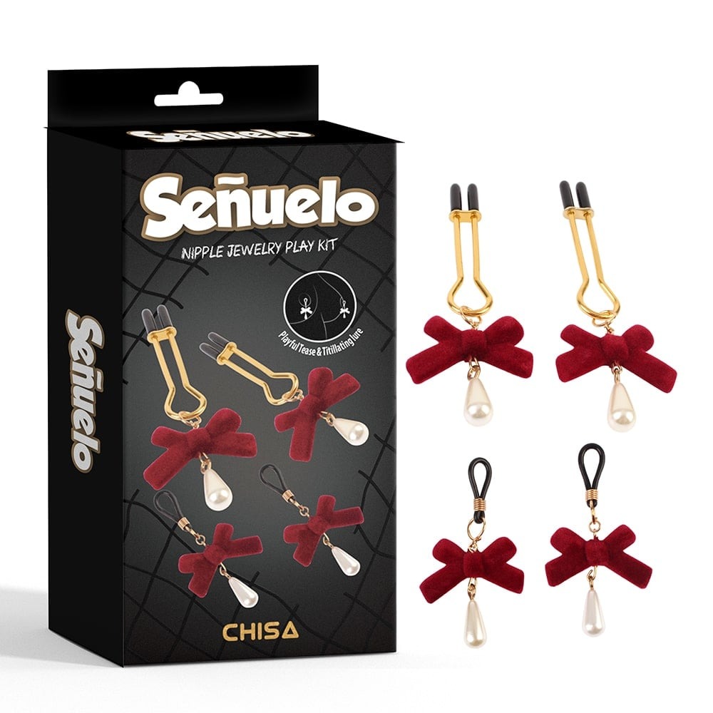 Затискачі на соски CHISA Senuelo Nipple Jewelry Play Kit з червоними бантиками та перлинами