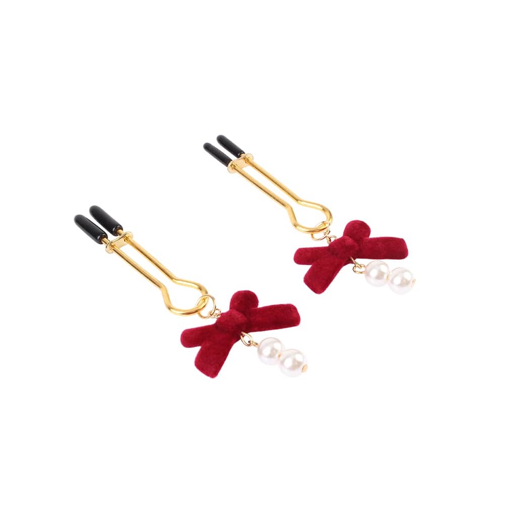 Затискачі на соски CHISA Senuelo Pearl Nipple Clamps Kit з червоними бантиками та намистинами