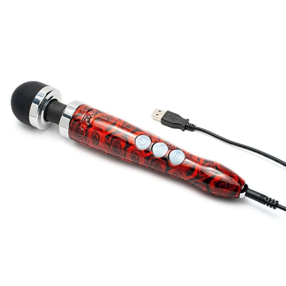 Масажер-мікрофон Doxy Die Cast 3R Wand Vibrator Rose Pattern, червоний, з трояндами.