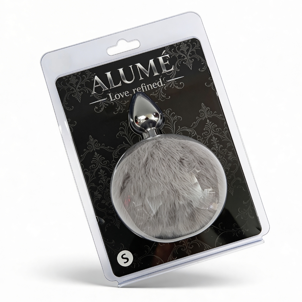 Анальна пробка ALUME, S, металева срібляста з сірим пушком, 7 х 2,8 см