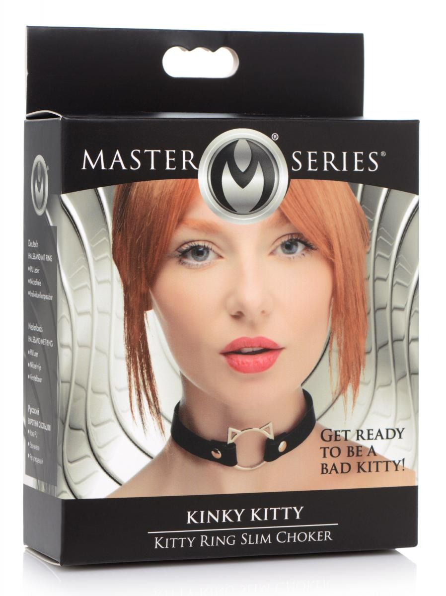 Ошейник-чокер с кольцом в виде котика Kinky Kitty Master Series, экокожа, черный