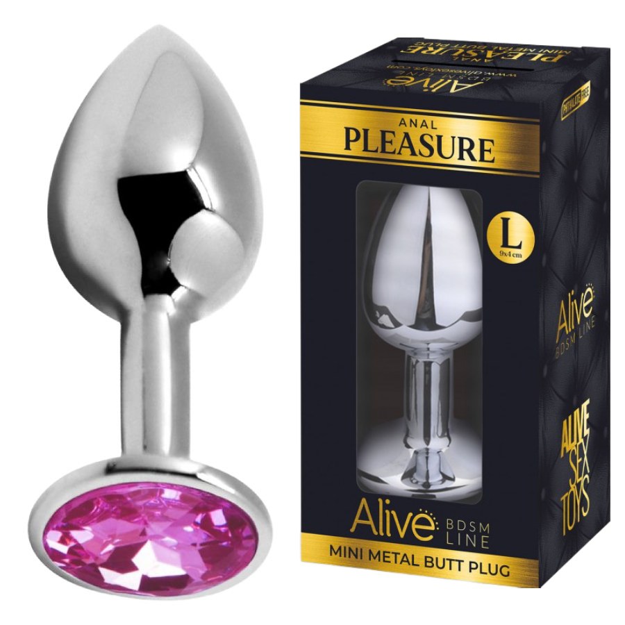 Анальна пробка Alive Anal Pleasure, L, з рожевим каменем, срібляста, 9 х 4 см