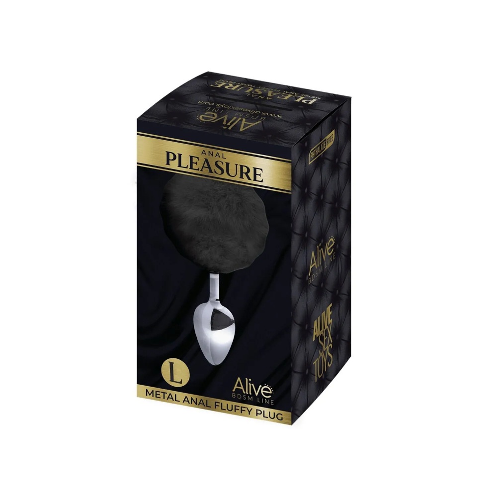 Анальная пробка Alive Anal Pleasure L с черным мехом, серебристая, 9 х 4 см