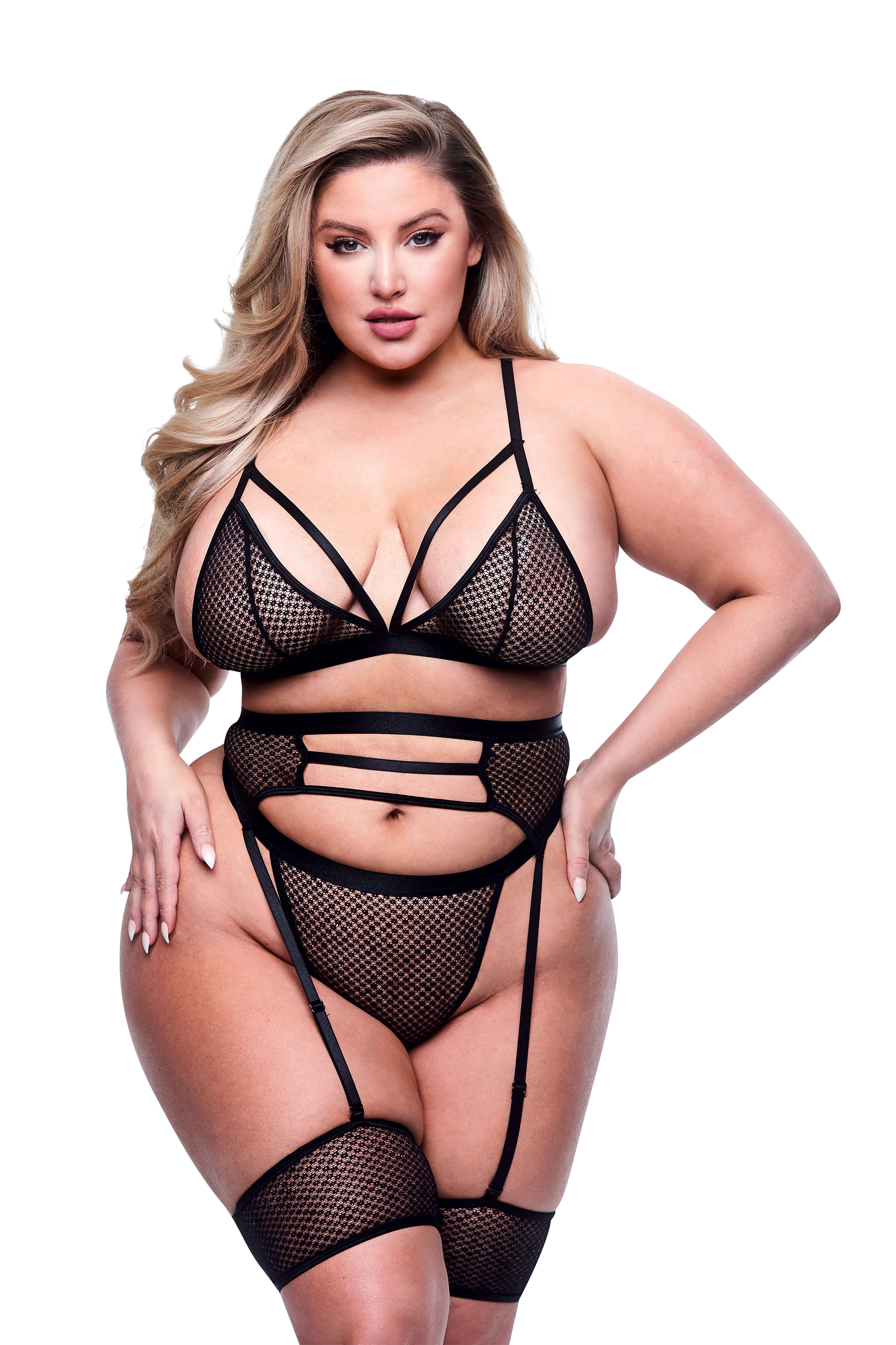 Комплект білизни 3PC STRAPPY BRA, GARTER & PANTY SET BLACK, QUEEN