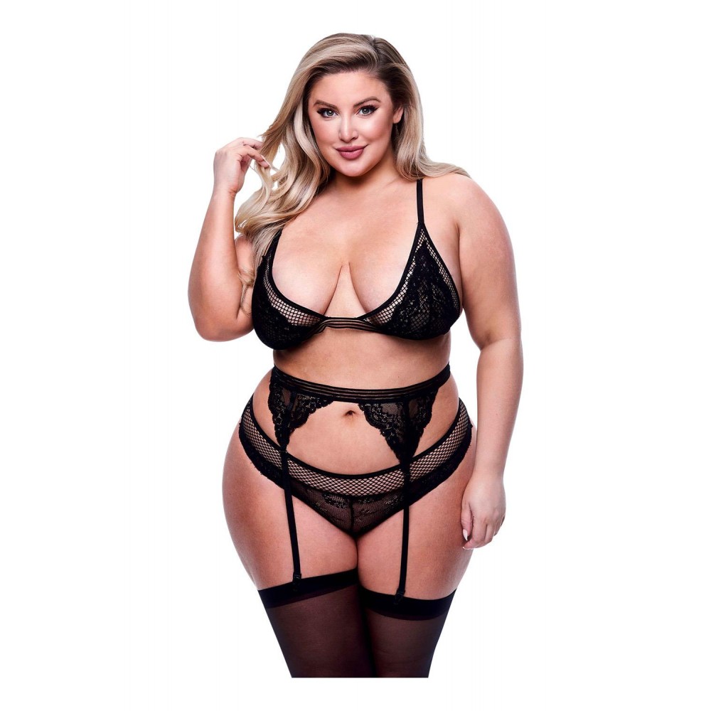 Комплект белья и пояс для чулок 3PC LACE & MESH BRA, GARTER & PANTY SET BLACK, QUEEN