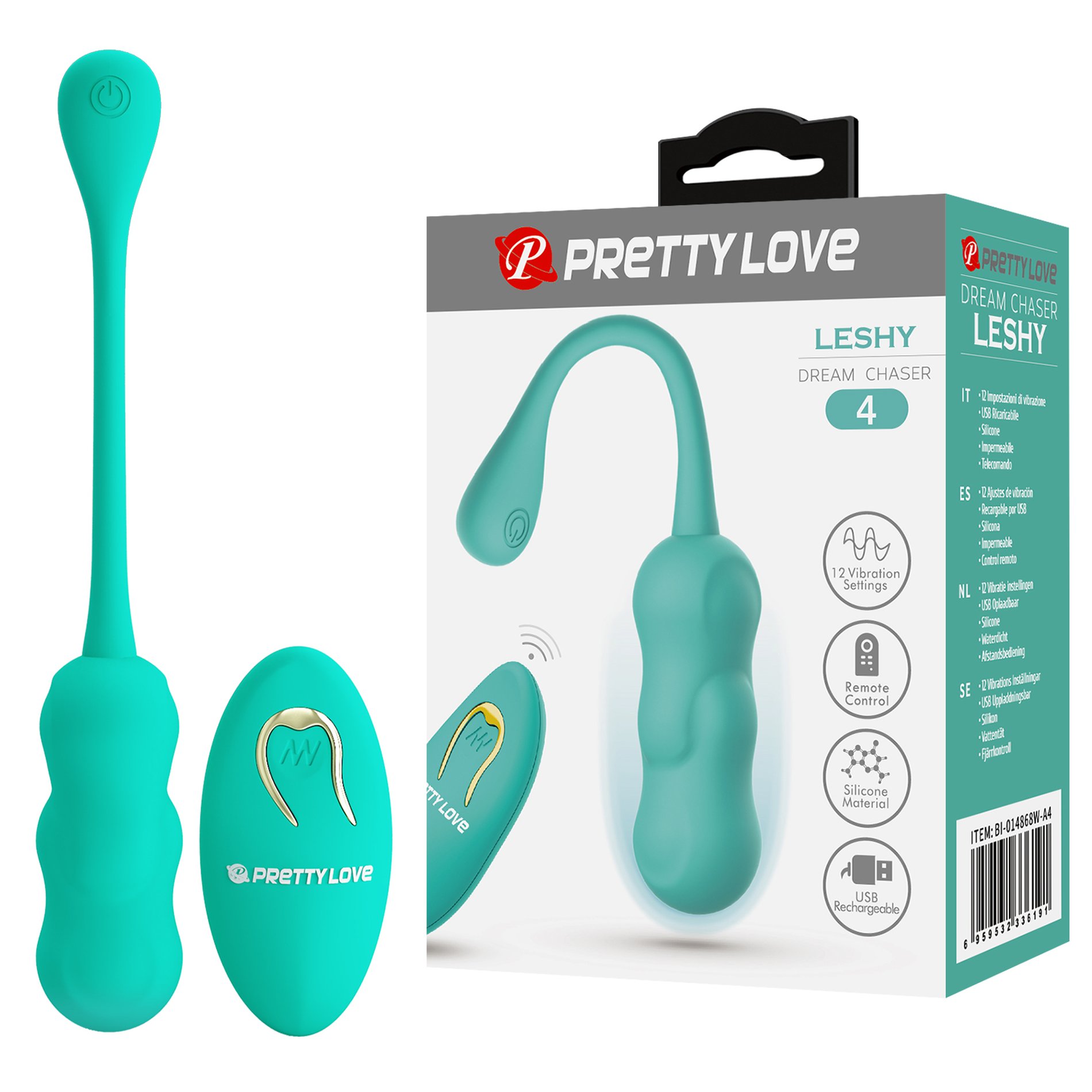 Віброяйце вагінальне Pretty Love Leshy з пультом, бірюзове, 18.6 х 2.8 см