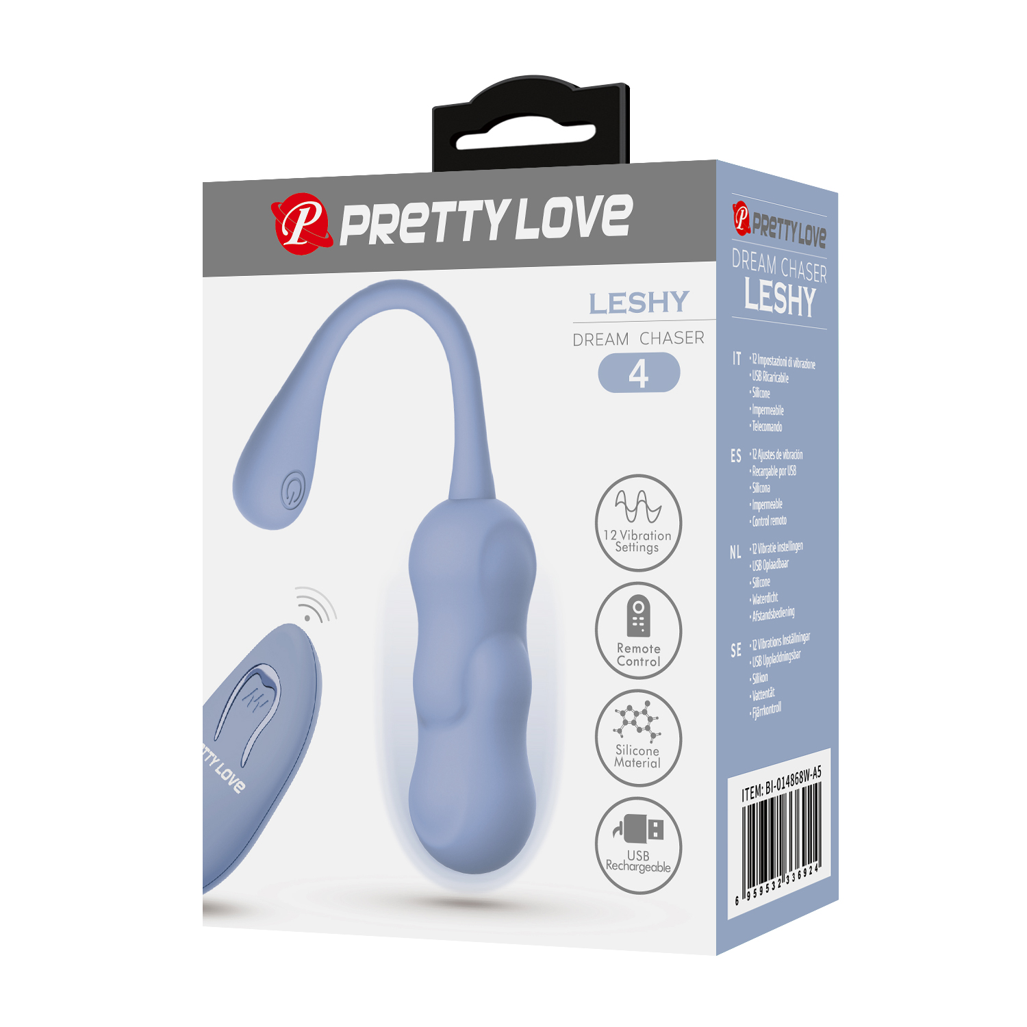 Виброяйцо вагинальное Pretty Love Leshy с пультом, голубое, 18.6 х 2.8 см