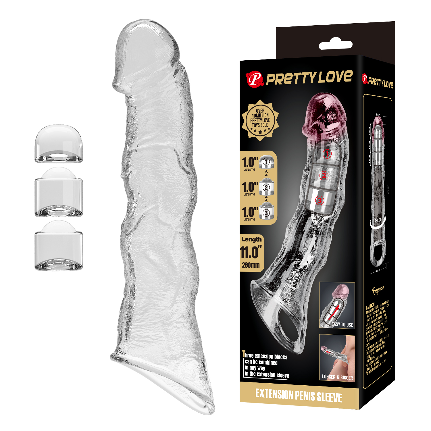 Подовжуюча насадка на пеніс Pretty Love Extension з подовжувачами (3 шт), прозора, 28 х 5,2 см