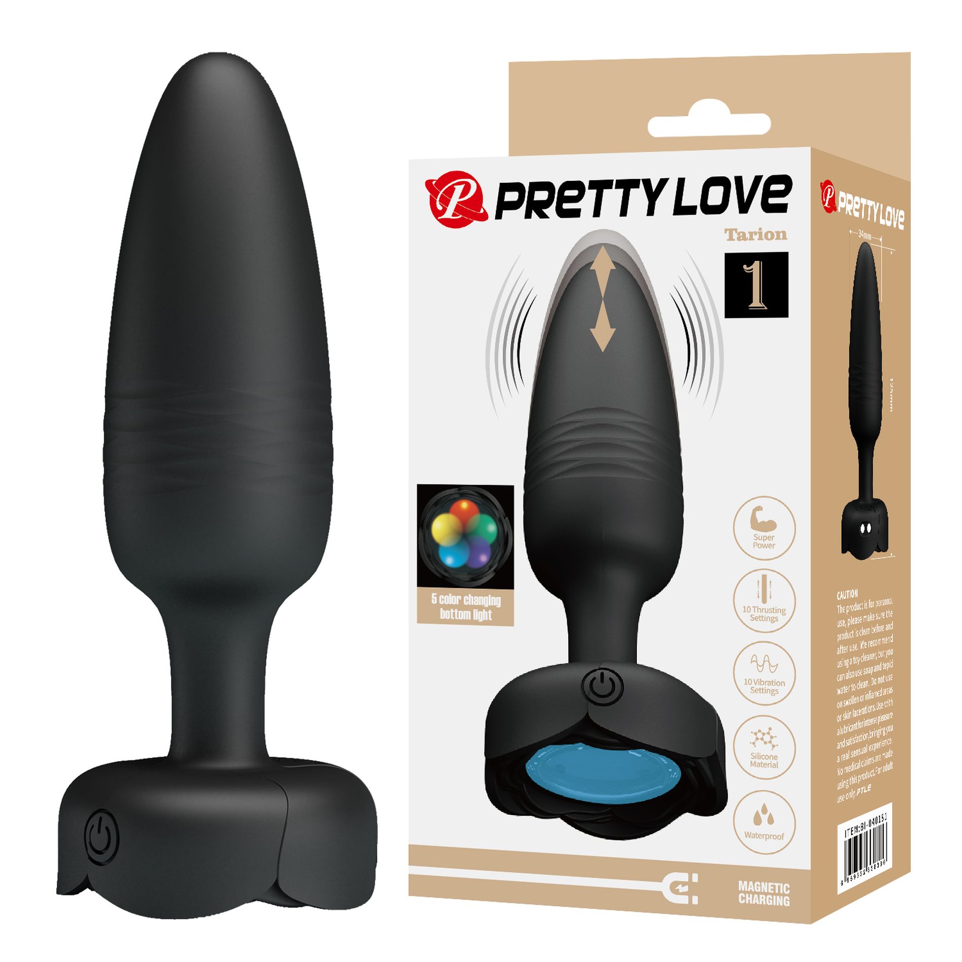 Анальный вибратор Pretty Love Tarion с мерцающей подсветкой, черный, 12.5 х 3.4 см