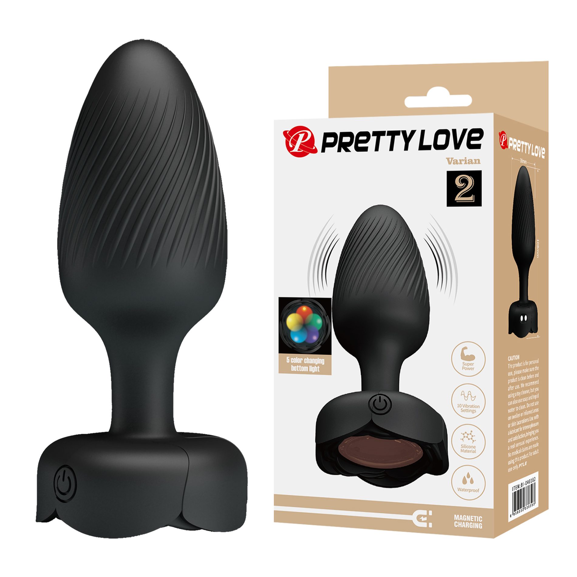 Анальный вибратор, L, Pretty Love Varian с мерцающей подсветкой, черный, 10.8 х 3.8 см