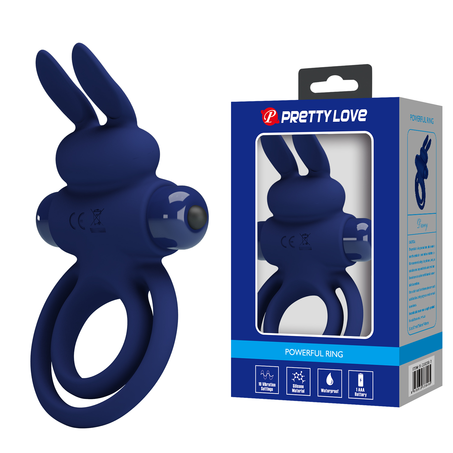 Віброкільце подвійне PRETTY LOVE Vibro Bunny III зі стимуляцією для клітора, синє, 9.7 х 6.5 см