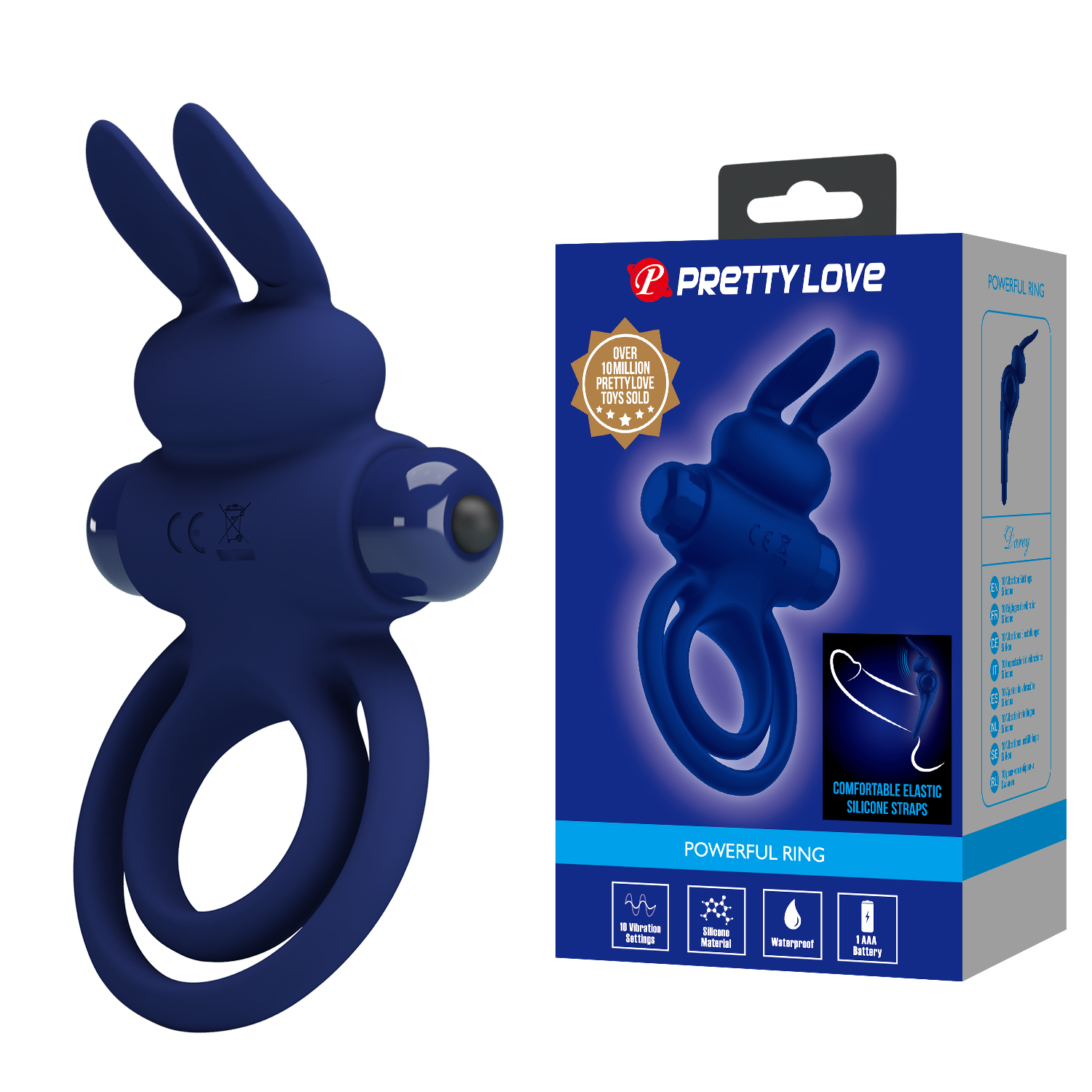 Віброкільце подвійне PRETTY LOVE Vibro Bunny III зі стимуляцією для клітора, синє, 9.7 х 6.5 см